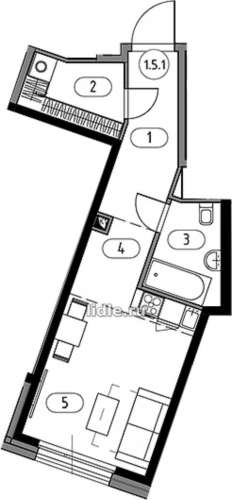 Квартира 151, 35,2 кв.м., 5 эт., корп. 2, секция