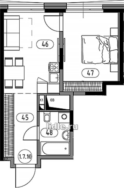 Квартира 2Е-к.кв № 1710, 41,75 кв.м, 7 этаж